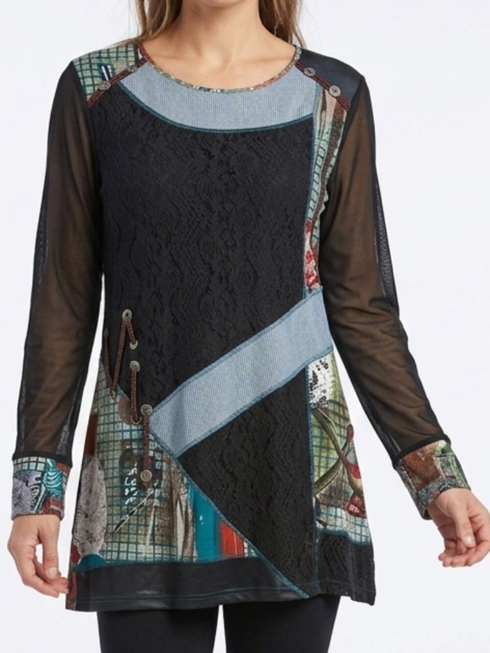 Kaktus Black Lace Multicolor Patchwork Tunic Top Women's Size M